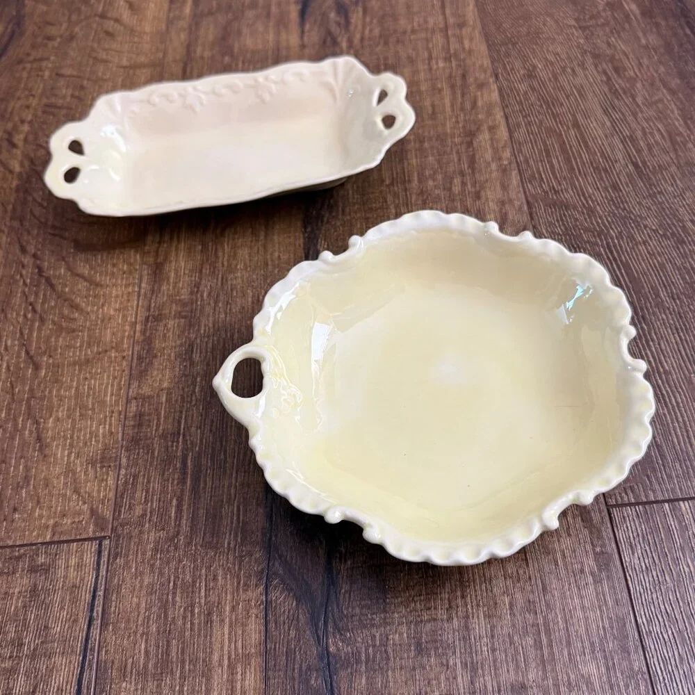 Vintage Pale Yellow Porcelain Relish & Candy Dishes /w Handles Scalloped Edges